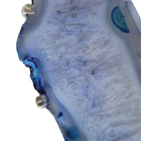 Blue Agate Slice Pendant – Sterling Silver Handmade 3" Crystal Necklace - Picture 6 of 12